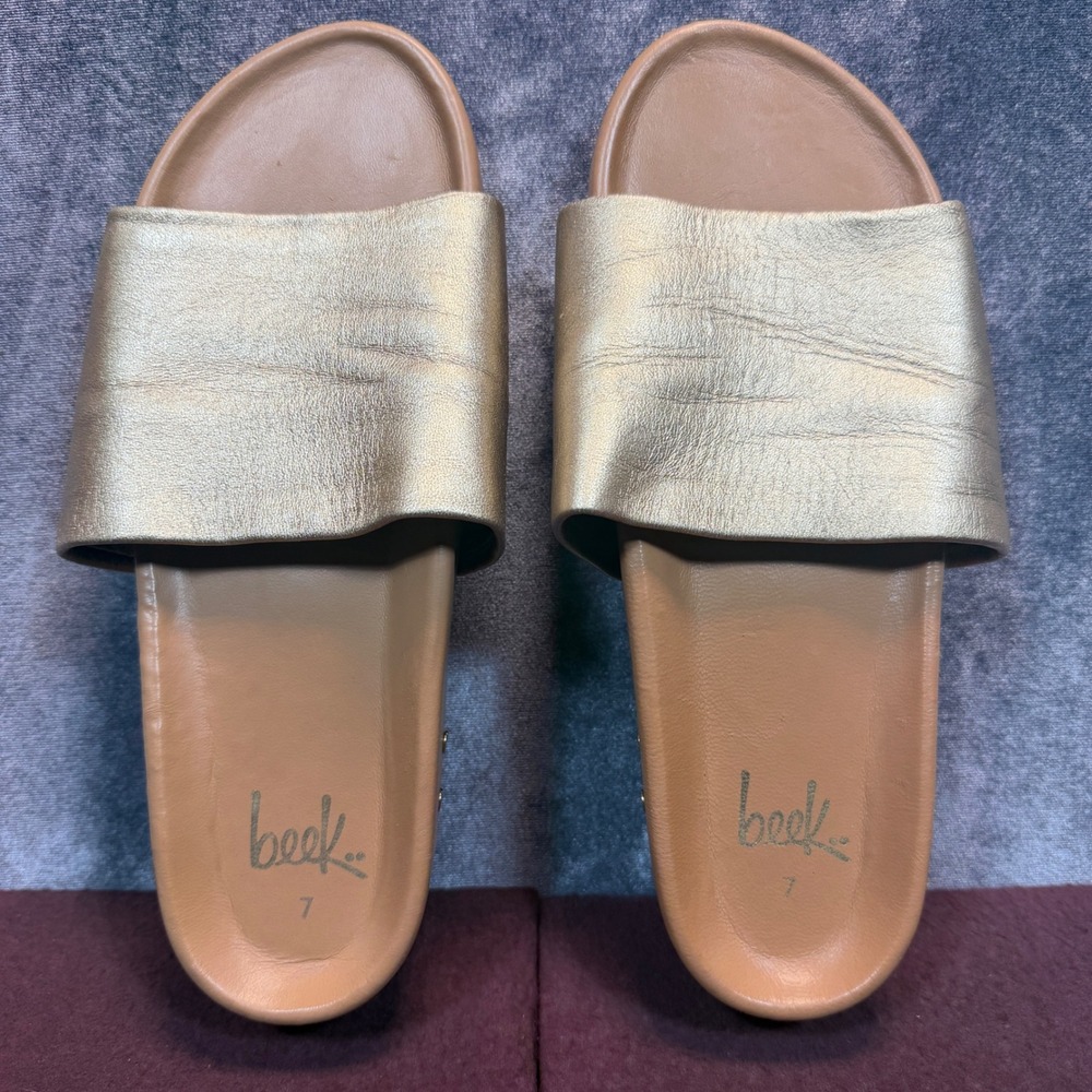 Beek Pelican Platform Slide Sandals Womens Gold Leather Size 7 Luxury Casual
